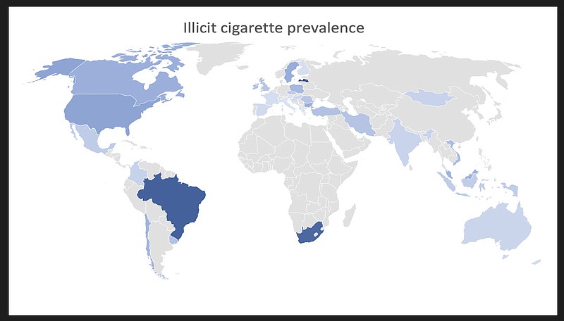 Illicit cigarette prevalence (map and data from study quoted) – darker blue denotes higher prevalence.