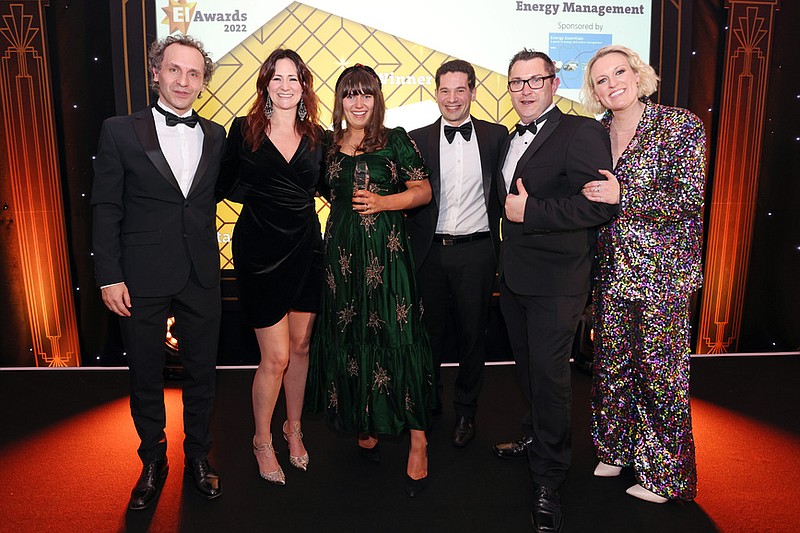 From left to right at the EI awards ceremony in London are Apostolos Gkrimpas AMEI (Energy & Carbon Management Lead, Energy Institute), Laura Hamilton (CCL Secure), Ellen Pollock (CCL Secure), Thanos Patsos (Verco), Gary Frizell (CCL Secure), and Steph McGovern (BBC & Channel 4 TV Presenter and awards ceremony host).