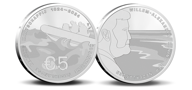Commemorative €5 coin released to mark the 200th anniversary of the Royal
Netherlands Sea Rescue Institution (KNRM).