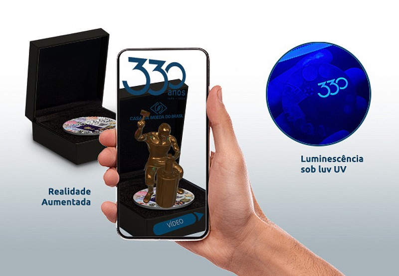 Casa da Moeda do Brasil 330th anniversary commemorative medal featuring augmented reality (AR) technology.