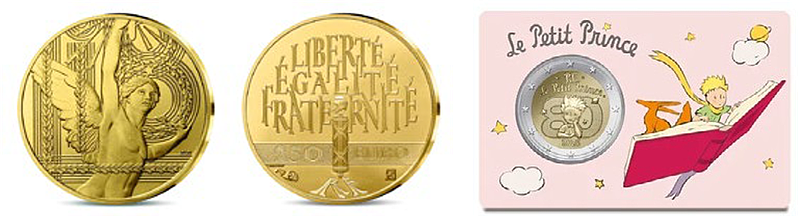 L-R: The Genius of Liberty designs – the first edition in the new French Genius trilogy of coins set to be released 2026-2028 – and Le Petit Prince €2 commemorative coin.